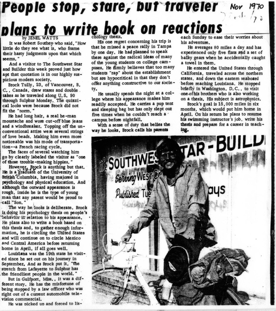 1970 News Article on Brock's First Bicycle Journey