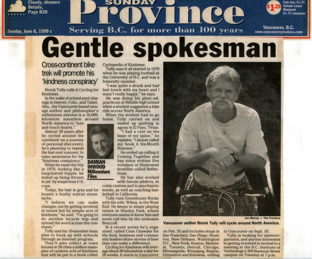 1999 News Article about Brock's Cycling for Kindness Tour